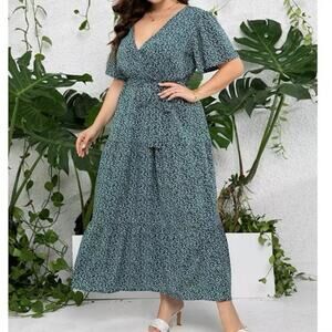 Womens Plus Size 3XL V Neck Maxi Dress High Waist Ruffle Summer Dress Belt